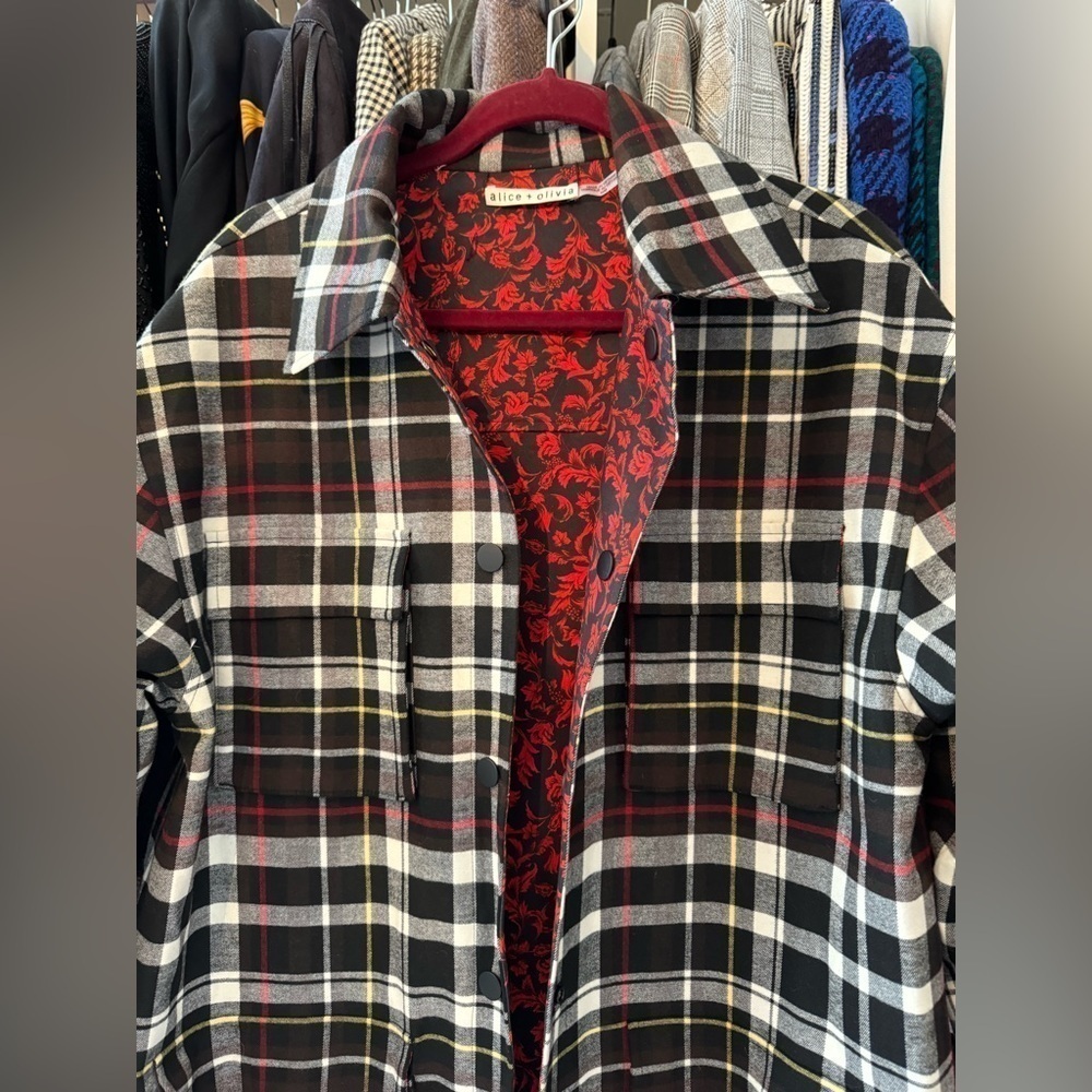 Alice and Olivia- Red and Black Plaid and Paisley Snap Longsleeve Zazie Jacket - Picture 6 of 9